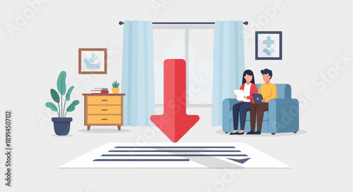 Couple on couch with laptop and document, red arrow points down