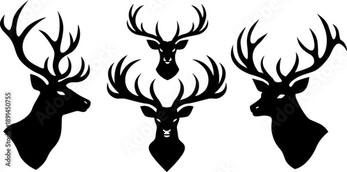 Deer head silhouettes vector set, Wildlife forest animal icons minimalist design