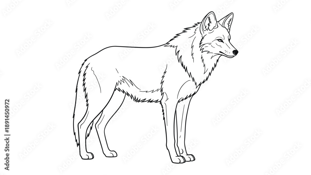Fototapeta premium Coyote line art: A detailed line art illustration of a solitary coyote, showcasing its sleek physique and attentive posture.