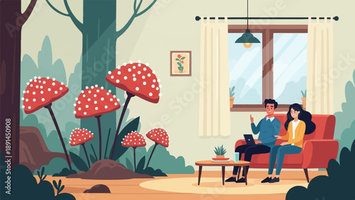 Couple relaxing indoors near giant whimsical mushrooms and large window