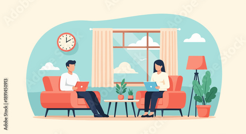 Couple on couches working on laptops, interior scene with window