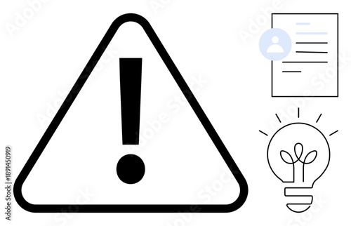 Safety alerts, user identification, innovative ideas, caution, problem-solving, system notifications. Black exclamation mark triangle, user profile document light bulb plant graphic. Safety alerts