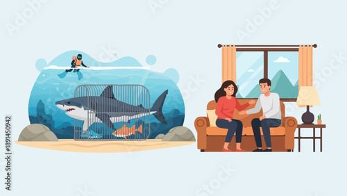 Couple on sofa and diver observing shark in cage