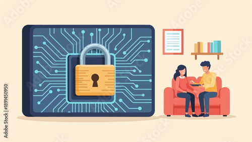 Couple on sofa, discussing security on a digital circuit board, with artwork