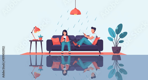 Couple relaxing indoors on couch while it rains outside, with reflection
