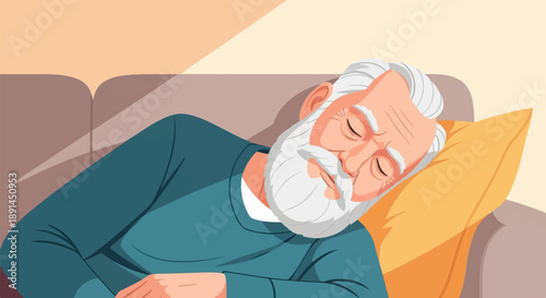 An elderly man with a beard sleeps peacefully on a couch with a pillow