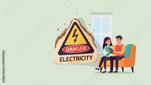 Couple on sofa ignores burning danger sign, focusing on tablet
