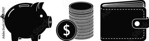 Black silhouette of a piggy bank coins and a wallet on a white background money savings