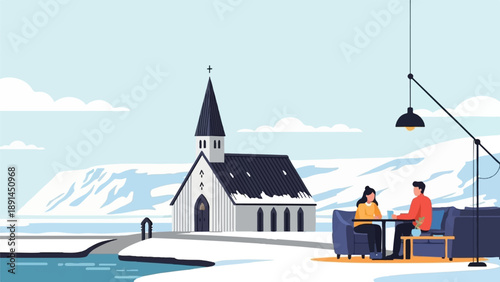 Couple enjoys coffee near a snowy church with a winter landscape