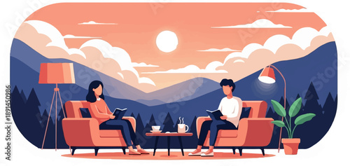 Couple relaxing indoors reading books with a serene mountain sunset view