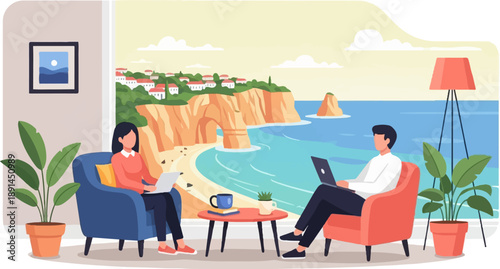 Couple working on laptops by a scenic coastal villa