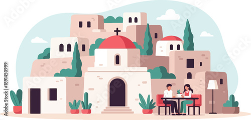 Couple enjoys coffee in a picturesque, sun-drenched Mediterranean village setting