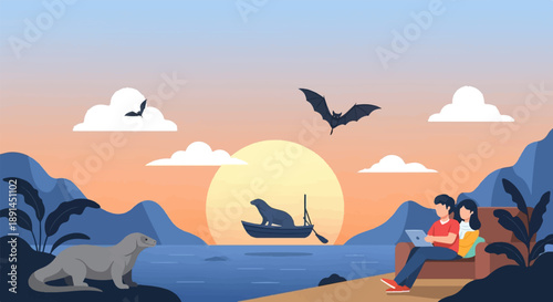 Couple on sofa with laptop, seal in boat, seal on shore, bats fly