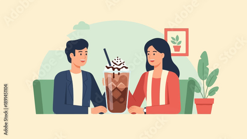 Couple enjoys a sweet iced beverage at a cafe