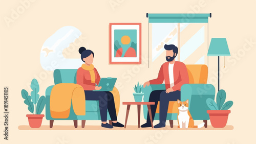 Couple relaxing indoors with a cat and plants