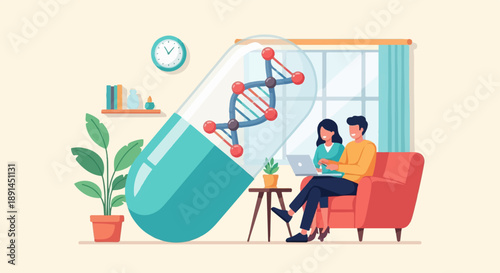 Couple on sofa with laptop, giant pill, DNA, plants, clock, window