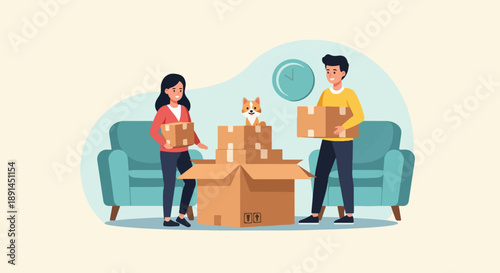 Couple packing boxes with dog on couch, ready for move