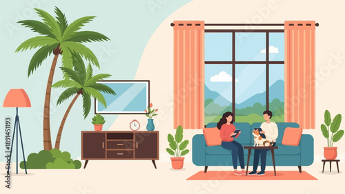 Couple relaxing indoors with a pet, next to palm trees and a scenic window view