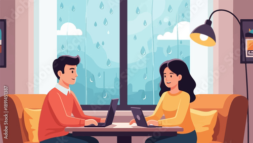 Couple working on laptops at a table by a rain-streaked window