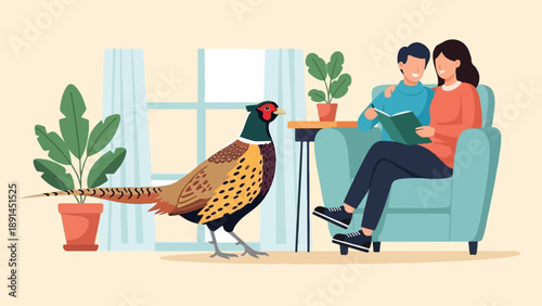 Couple reading book by window with pheasant and plants