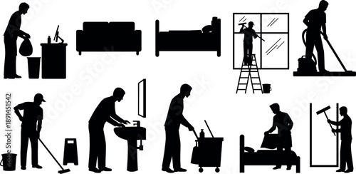 Cleaning service silhouettes, people furniture and tools