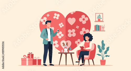 Couple enjoying time with their dog amidst gifts and floral heart backdrop