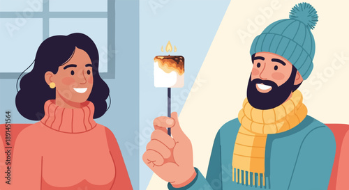 Couple enjoying toasted marshmallow indoors by a window in winter