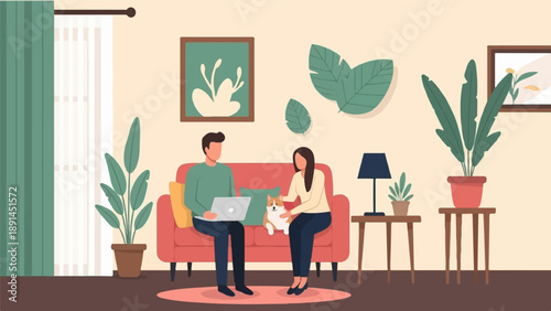 Couple relaxing indoors with pet and laptop, surrounded by plants