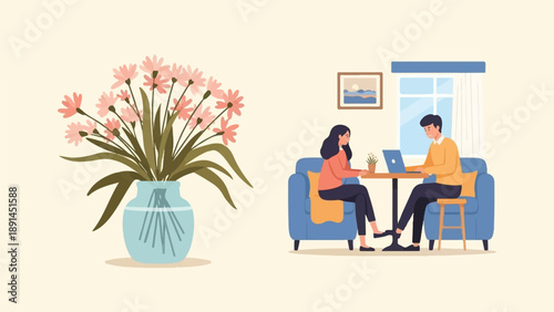 Couple working and relaxing in a room with flowers