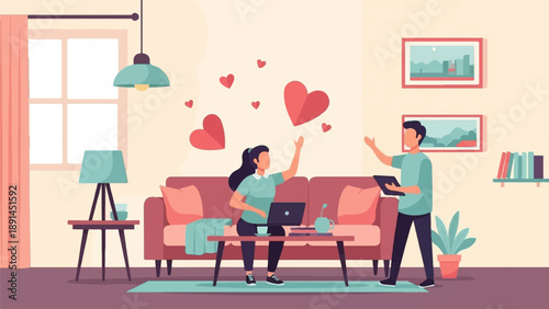 Couple enjoying time together at home with hearts floating around them