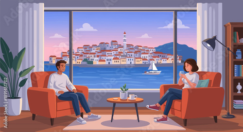 Couple relax indoors enjoying coastal town view over coffee at sunset