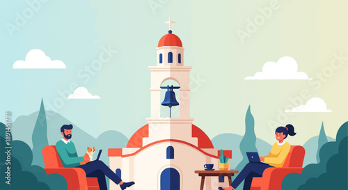 Couple with pets and laptops relax near a bell tower and a desert landscape