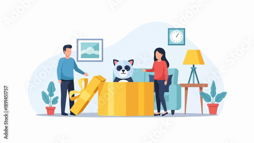 Couple with open gift box containing a panda, home interior