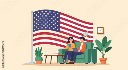 Couple relaxing on couch under large American flag, reading and using laptop