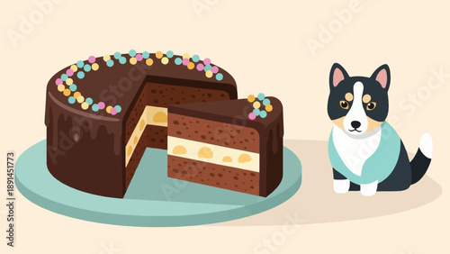 Adorable puppy waits patiently beside a tempting chocolate cake with colorful sprinkles