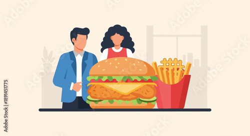 Couple with large burger and fries