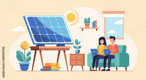 Couple with laptops by solar panel and window, indoor scene