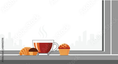 Relaxing Morning Coffee and Pastries on a Windowsill with City Skyline View in Soft Morning Light for Breakfast.