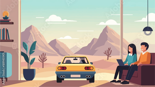 Couple relaxes indoors with desert landscape and car visible through window