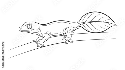 Camouflage Gecko on Branch: A unique illustration of a gecko with a leaf-shaped tail, perfectly camouflaged on a branch. Capturing the essence of adaptation and natural wonder.