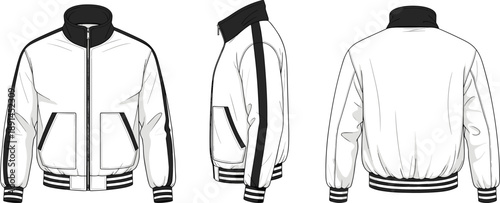 White bomber jacket with black accents shown from front side and back white jacket