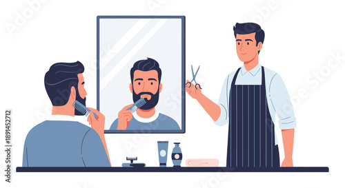 Professional Barber Styling a Man's Hair and Beard in a Modern Salon Mirror for Male Grooming and Self Care.