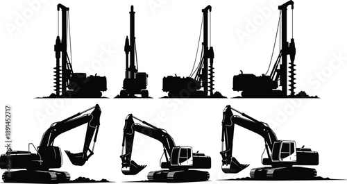 Black silhouettes of excavators and drilling rigs on white background construction equipment