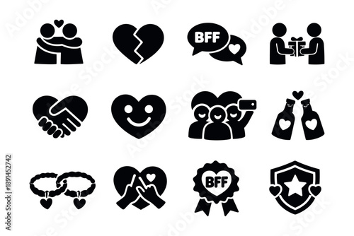 Friendship and Love Black and White Icons Set