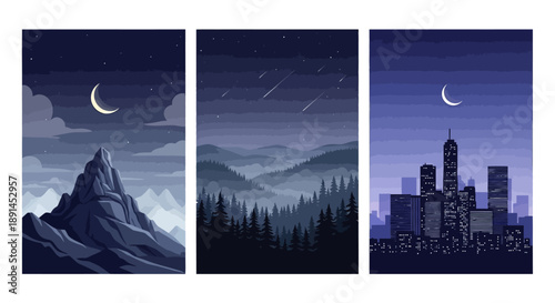 Minimalist Night Landscape Triptych Illustration with Stars, Mountains, Forest, and City