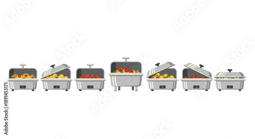 Row of Professional Buffet Chafing Dishes with Various Food Items for Catering Service and Event Hospitality.