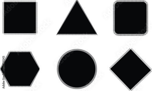 Minimalist black geometric shapes set: circle, square, triangle, hexagon, and rhombus with unique segmented, stitched borders on white.