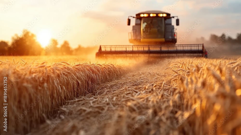 Fototapeta premium A combine harvester works diligently during the golden hour, showcasing the beauty of harvest season as the sun sets over vast golden wheat fields.