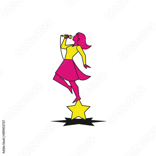 Stylized Pop Singer Diva Standing on a Star Icon. Colorful Vector Illustration of Female Vocalist Performance and Celebrity Success.