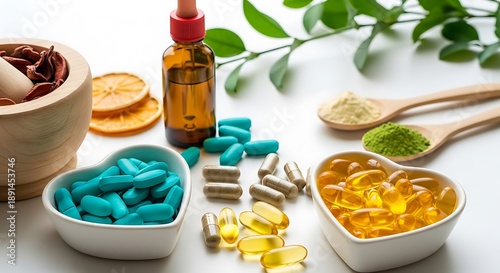 Natural health supplements arrangement on white surface